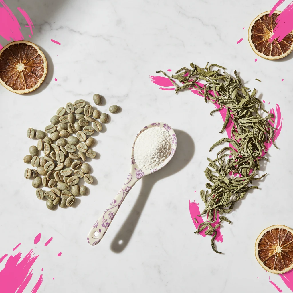 Flat lay of green coffee beans, L-Carnitine powder in ceramic spoon, dried botanicals on white marble