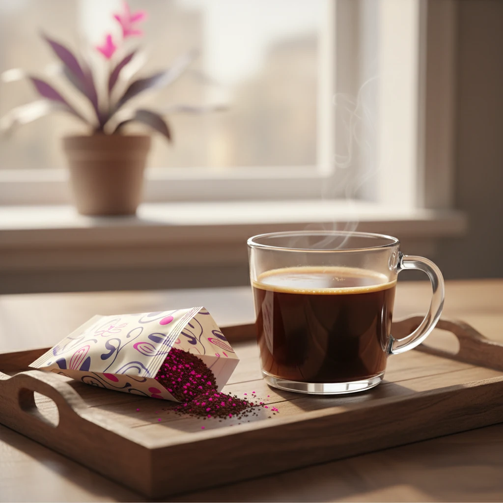 Glass mug of dissolved Wellaray Coffee beside an open sachet on a wooden tray