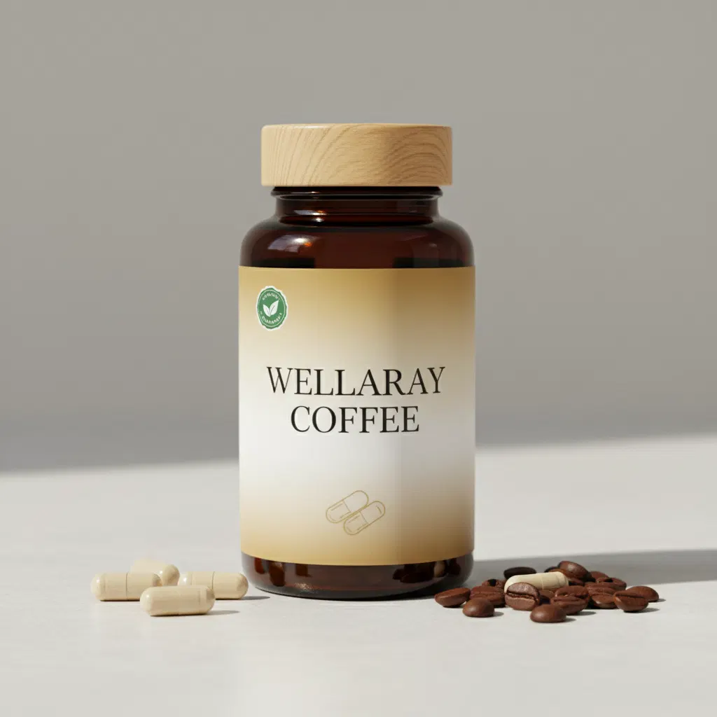 Wellaray Coffee food supplement box, dark navy packaging with pink and yellow typography, 20 sachets